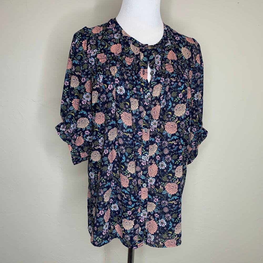 LOFT Dark Floral Chiffon Semisheer Blouse Sz XS Black Pink